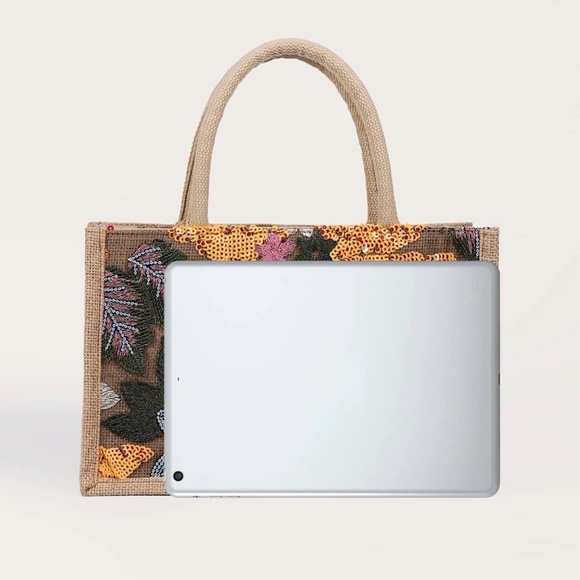 Boho Sequin Embroidered Burlap Medium Size Tote Bag - Picture 3 of 11